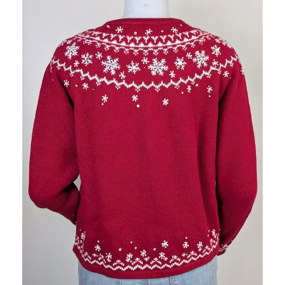 Croft & Barrow Cardigan Sweater Petite Large Red Fair Isle Snowflake Beaded NEW